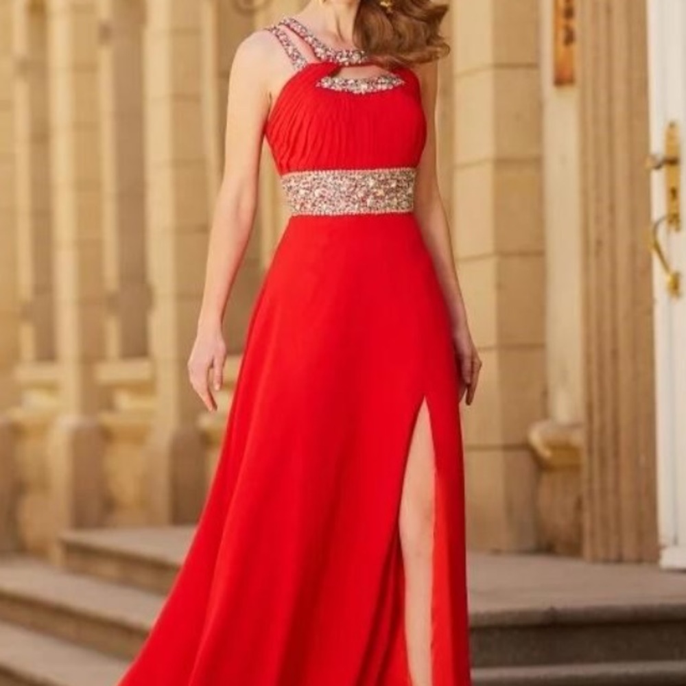 A line red haltered keyhole beaded ruched chiffon prom dress with slit XS/2